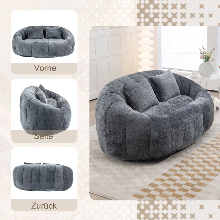 Sitzsack Sofa Lounger Chenille Grau, 150x95x63 cm, bis 150 kg – Bild 7