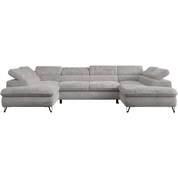 Ecksofa U-Form, mit Bettkasten, Bettfunktion und Einstellbare Kopfstützen, Sofa big XXL - PETER U - Hellgrau Plüsch – Bild 7
