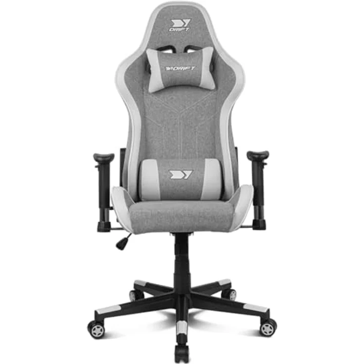 DRIFT GAMING DR90 PRO – Ergonomischer Gaming-Stuhl mit Kopf- und Lendenstütze, 135° neigbare Rückenlehne, 2D-verstellbare Armlehnen, atmungsaktiver Stoff, Nylonbasis und Gasfeder Klasse 4, Grau/Weiß – Bild 2