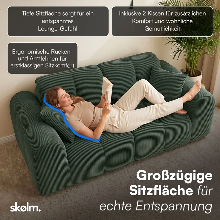 skølm 'Vanaheim' Sofa 2 Sitzer mit 2 Kissen, Cloud Sofa dunkelgrün, Cord, Vollschaumcouch mit Federkern und Vakuum-Kompression, kein Aufbau erforderlich – Bild 6