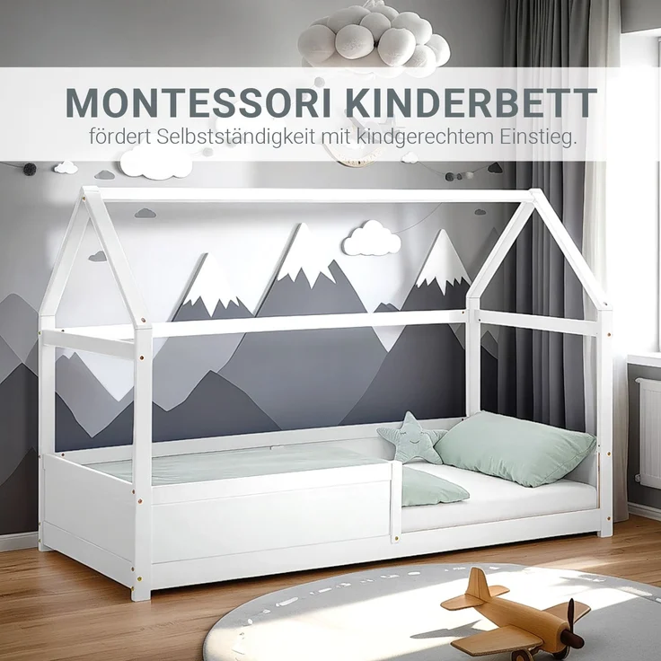 Kinderbett 90x200 cm Bodenbett Hausbett Holzbett Rausfallschutz Montessori Bett Weiß Kleinkinderbett Lattenrost – Bild 4