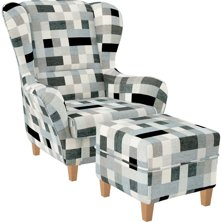 Supellex Sofia Ohrensessel mit Hocker | Design Patchwork grau – Bild 1