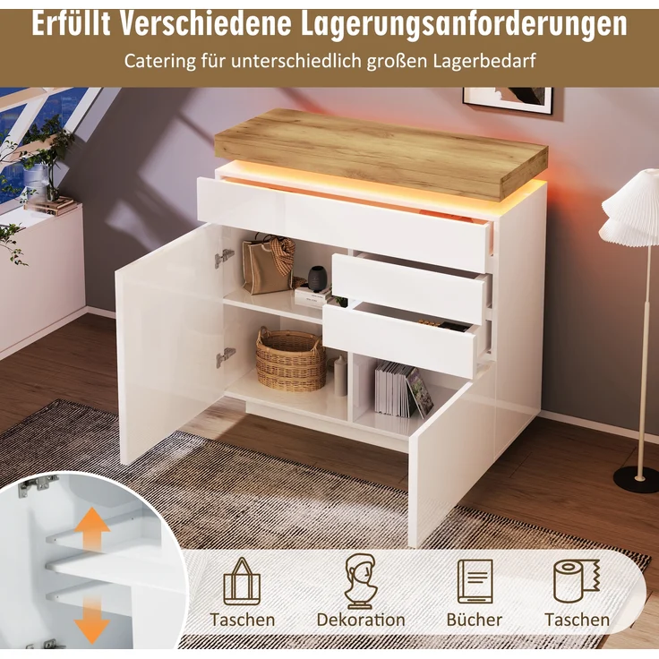 Sideboard Hochglanz mit LED (App/Touch), 2 Türen & 3 Schubladen, 110x39x115 cm, Weiß – Bild 6