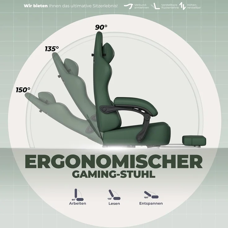 GTPLAYER Gaming-Stuhl Atmungsaktiver Bürostuhl, ergonomisch Hochwertiger - Stoff/Kunstleder, 160° Verstellbare Rückenlehne und ausziehbare Fußstütze – Bild 8