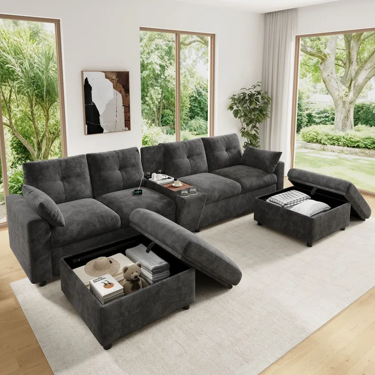 Merax Modulare Ecksofa Wohnlandschaft 6-Sitzer U-/L-Form, 2 Stauraum-Hocker, Mittelkonsole mit Ablagefläche, aufklappbarem Staufach & versenkbaren Getränkehaltern, USB & Type-C, Chenille, grau