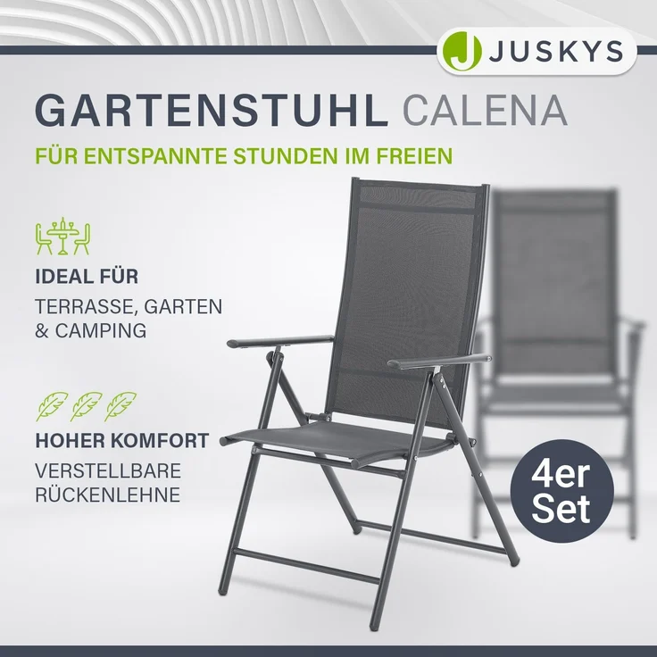 Juskys 'Calena' Gartenstuhl-Set 4-tlg., klappbar mit 7-fach verstellbarer Rückenlehne, Textilgewebe anthrazit – Bild 2