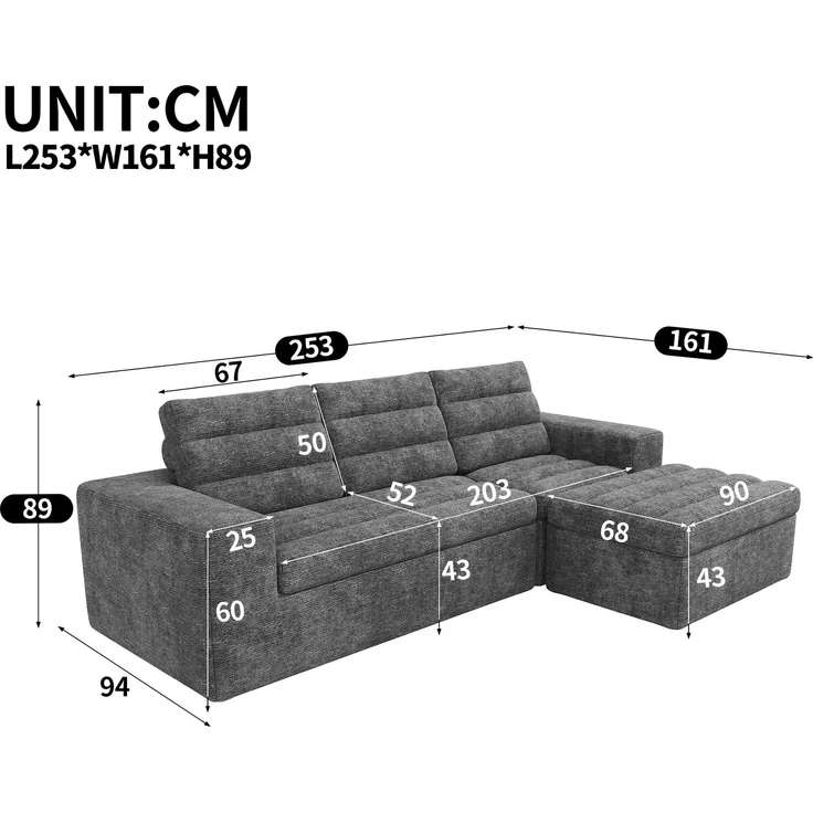 Ecksofa 253 x 161 x 89 cm in Hellgrau, modulares Chenille-Sofa mit Hocker, rahmenloser Schaumstoffpolsterung – Bild 5