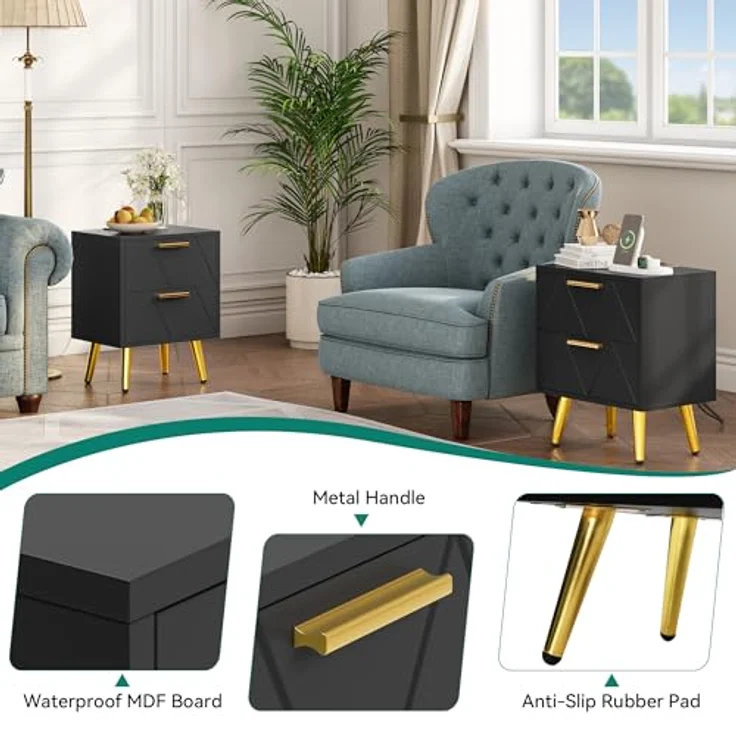 YITAHOME Nachttisch mit 2 Schubladen, 2 USB-Anschlüssen und Steckdosen, Nachtkommode mit Goldenen Metallbeinen und Griffen, Beistelltisch mit Stauraum für Wohnzimmer, Schlafzimmer, 40 x 30 x 52 cm, Schwarz – Bild 6