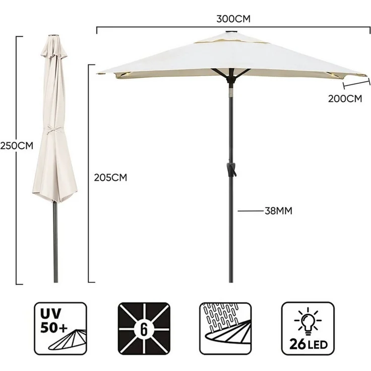 Sekey Sonnenschirm mit LED-Beleuchtung, Kurbel & UV50+, knickbar, Aluminium creme, 200 × 300 cm – Bild 1