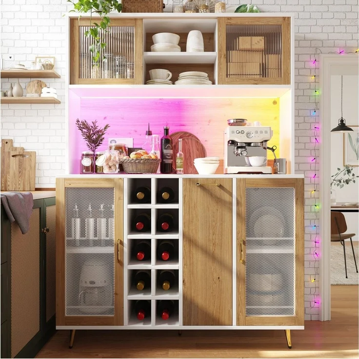 Flieks Küchenbuffet mit Steckdose, LED-Beleuchtung, Glasschiebetüren und Weinregal (Buffetschrank in Holzoptik mit Glasschiebetüren und Drahtgitter-Türen, 1-St, B120/T40/H170 cm) Hochschrank Küchenschrank Geschirrschrank mit verstellbarer Ablagen – Bild 2