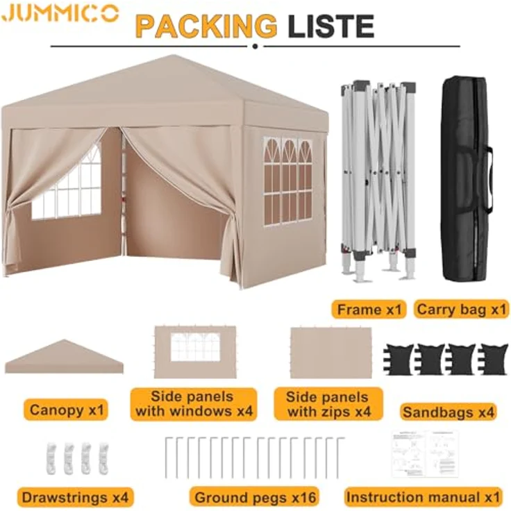 JUMMICO Pavillon 3x3 Wasserdicht Stabil Winterfest Höhe Verstellbar,Faltpavillon mit 4 Seitenwänden,Pavillion UV Schutz 50+,Gartenpavillon Faltzelt für Garten, Innenhof, Camping,Gazebo Beige – Bild 6