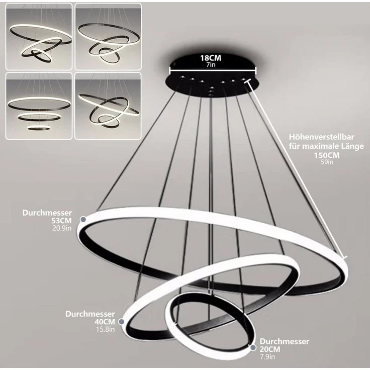 JDONG LED Pendelleuchte 3 Ringen Modern LED Hängelampe Schwarz 53*40*20cm, 54W Esstischlampe Dimmbar mit Fernbedienung, 3000K–6500K Höhenverstellbar 120cm, DIY Kronleuchter, Augenschonend für Esszimmer Wohnzimmer Büro Hotel – Bild 3