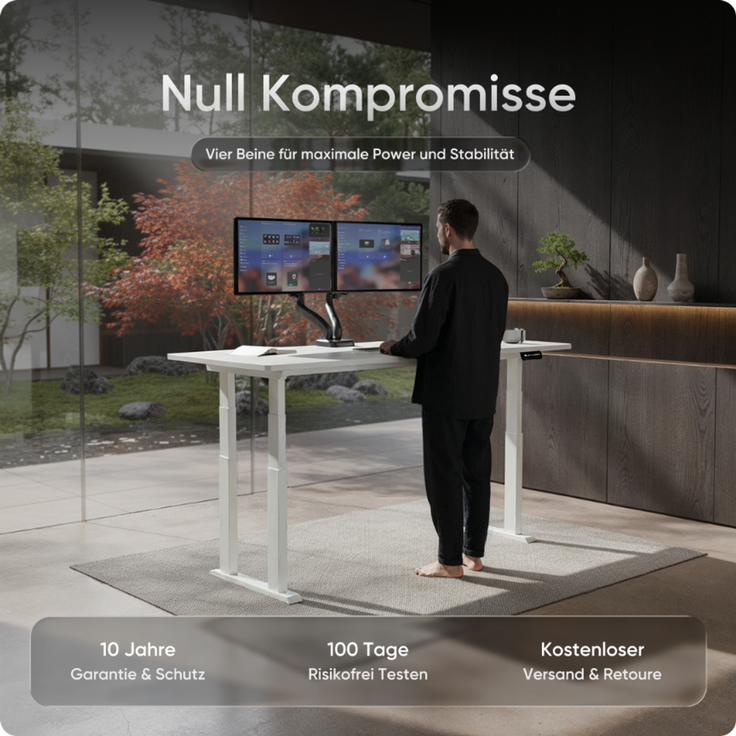 DESKSPACE Höhenverstellbarer Schreibtisch elektrisch mit leisem Dual-Motor – stabiles 4-Bein-Gestell (Weiß Gestell, Weiß Tischplatte, 120×60 cm) – Bild 2