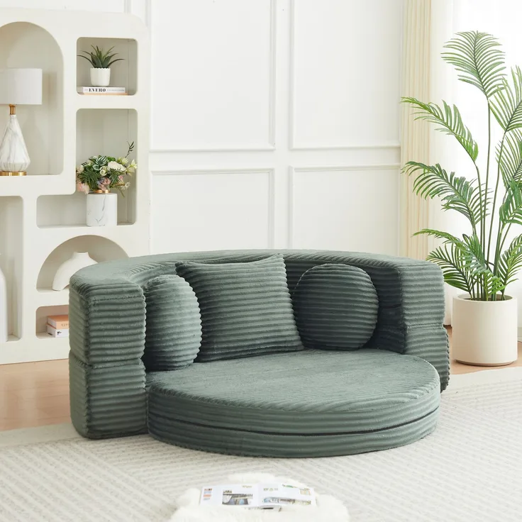 Schlafsofa aus Cord, 4-in-1 umbaubar zum runden Tagesbett, 180x183x55 cm, Grün