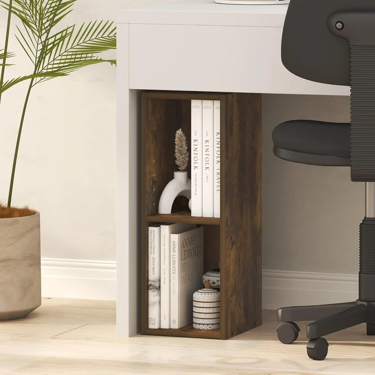 Furinno Fulda Bücherregal, 2-stöckiges schmales Bücherregal, Regal mit 8-Zoll breitem Stauraum, 23,6(T) x 20,0(B) x 53,8(H) cm, für Wohnzimmer, Schlafzimmer, Home Office, Amber-Kiefer – Bild 1