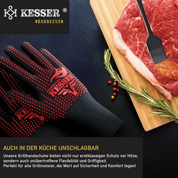 KESSER® Grillhandschuhe hitzebeständig bis 500° | Ofenhandschuhe Atmungsaktiv & mit rutschfestem Griff | Topfhandschuhe aus Aramid-Gewebe | Kamin-Handschuh Maschinenwaschbar Schwarz / Rot, XL-XXL – Bild 5