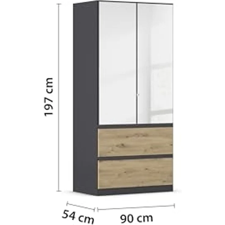 Rauch Möbel Costa, Kleiderschrank für Schlafzimmer, Kinderzimmer, Babyzimmer, Garderobe, 2-türig, Spiegel, 2 Schubladen, Push-to-Open, Zubehör Classic, Farbe Grau metallic, Schwarz, Breite 91 cm – Bild 3