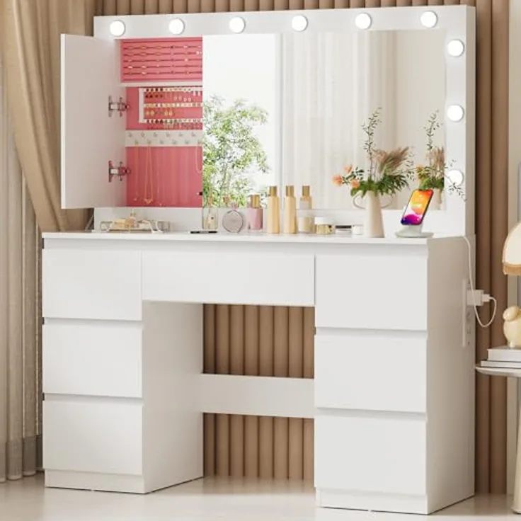 TRIUMPHKEY Schminktisch mit Große Spiege und LED-Beleuchtung, Einstellbarer Helligkeit, 120x40x140cm, Frisiertisch mit 7 Schubladen, Steckdose,Schmuckschrank, Kosmetiktisch für das Schlafzimmer, Weiß