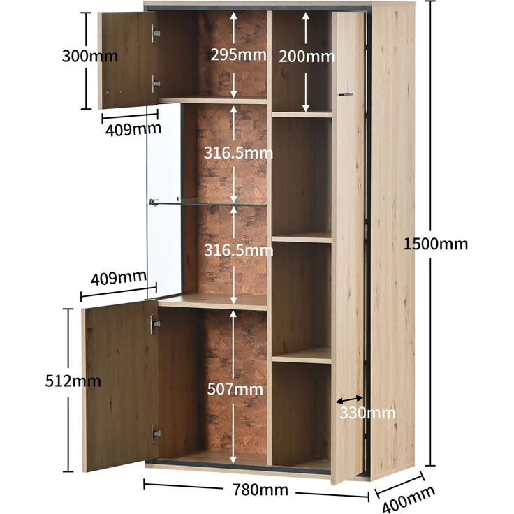 Merax Moderne Vitrine mit LED-Beleuchtung - 150Hx78Bx40Tcm - Glastür, Mehrzweckregale, 15 Farboptionen, Schaukasten – Bild 7