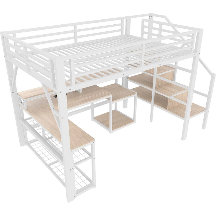 U-life Hochbett 140x200 cm, Eisenrahmen, Ablagefach, Treppenkonstruktionen, Sicherheitsgeländer, Metall, Weiß – Bild 10