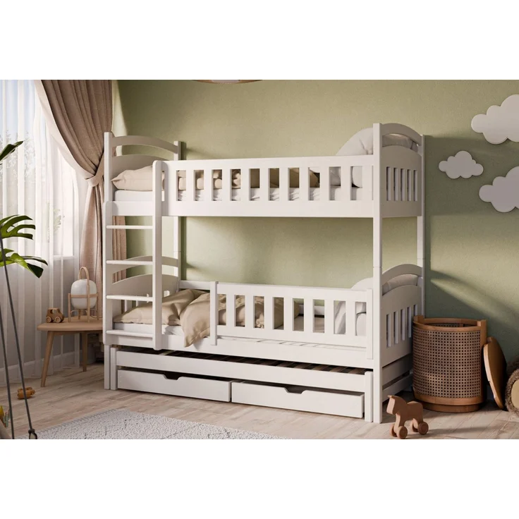 Kids Collective Hochbett mit Ausziehbett, zwei Schubladen, Lattenrost & Rausfallschutz, umbaubar in drei Einzelbetten, Kieferholz weiß, 90x200 cm – Bild 1