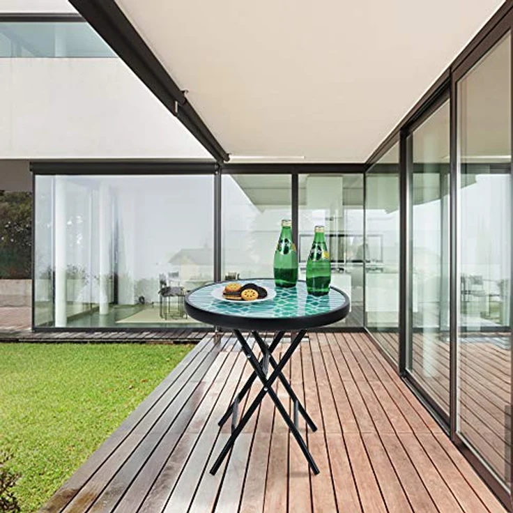 PHI VILLA Klappbar Runder Beistelltisch Glas aus Metall Gartentisch Kaffeetisch Klein Balkontisch wetterfest pflegeleicht für Balkon Garten Terrasse Wohnzimmer – Bild 7