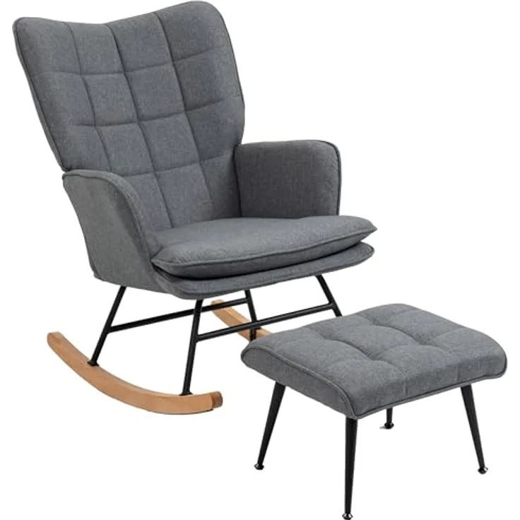 HOMCOM Schaukelsessel mit Hocker, Relaxsessel mit Leinenoptik (Armlehnsessel, 2-St, Schwingsessel), für Wohnzimmer, Schlafzimmer, Grau – Bild 2