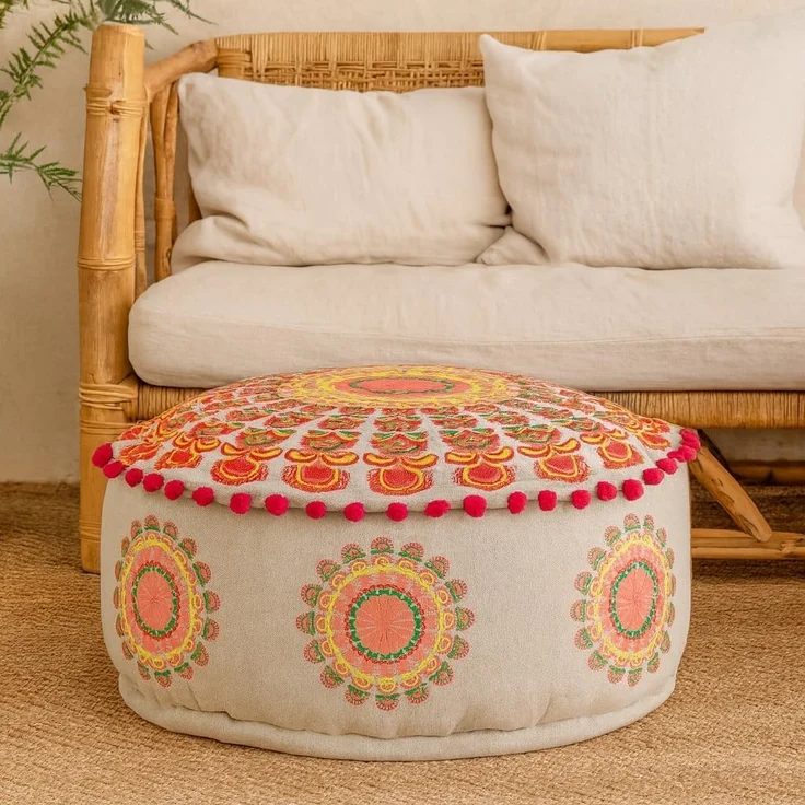 Marrakesch Orient & Mediterran Interior Pouf Pouf Garet Orange, runder Baumwoll-Sitzpouf bestickt 50x25 cm (1-St), Handarbeit – Bild 2
