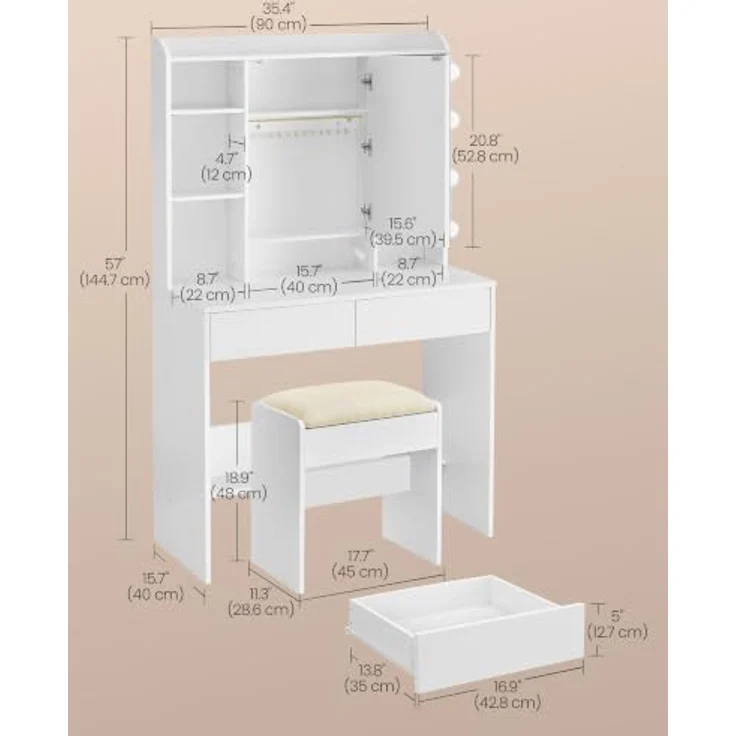 VASAGLE Schminktisch und Hocker Set, mit Spiegel und Beleuchtung | Kosmetiktisch mit 2 Schubladen, LED Licht, Organizer, Weiß, KAILYN Kollektion – Bild 3