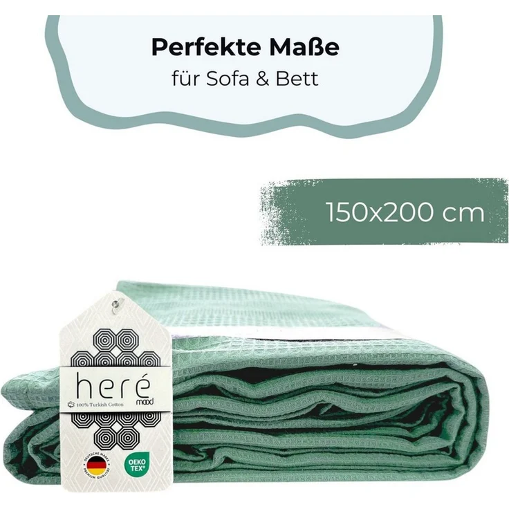 herémood Tagesdecke aus 100% Baumwolle – Elegante Waffelpique Wohndecke 180x220 cm, weiche, Kuscheldecke für Sofa & Bett, atmungsaktiv & pflegeleicht – Mintgrün – Bild 2