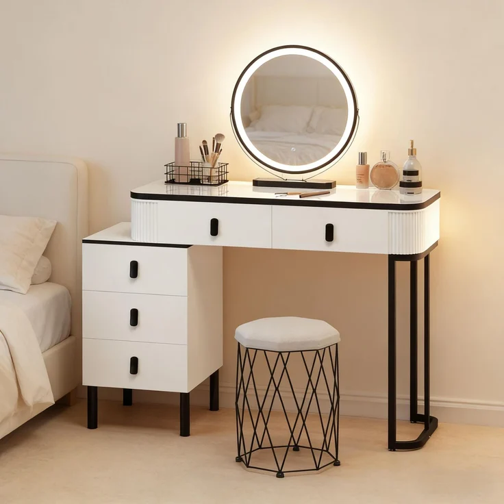 Schminktisch mit LED-Spiegel und Hocker, B 125 x T 40 x H 100 cm, Weiß/Schwarz – Bild 1