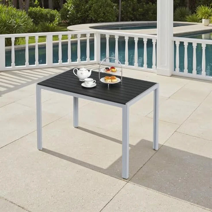 Clevich Gartentisch Wetterfeste, 110x70 cm, Outdoor-Esstisch, WPC-Balkontisch, Aluminiumrahmen, Wetterfeste Gartenmöbel, quadratischer Terrassentisch, Silber Grau – Bild 7