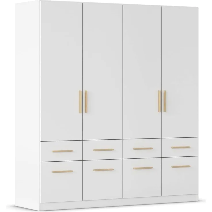 Rauch Möbel Dundee, Kleiderschrank, Schrank, Garderobe, Organizer, 4-türig, 8 Schubladen, Farbe Weiß, Holzgriff Eiche Massiv, 181 x 197 x 54 cm