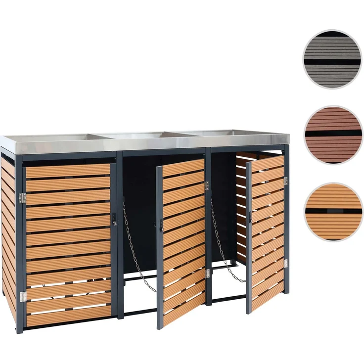 3er Mülltonnenverkleidung HWC-K14, Mülltonnenbox mit Pflanzkasten, 124x200x84cm WPC Edelstahl 107kg ~ Teak-Optik – Bild 11