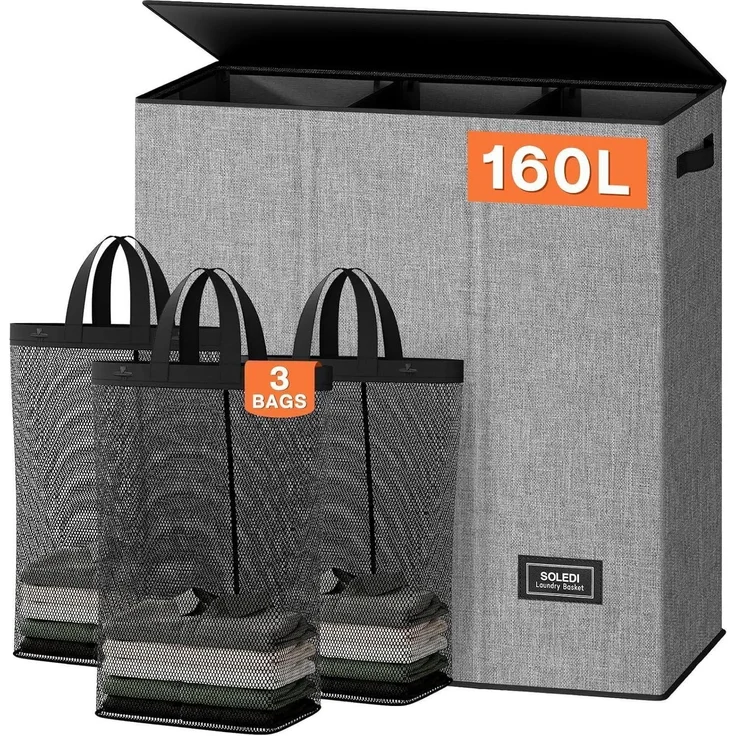 Wäschekorb 160L mit 3 Fächern, Deckel & 3 Wäschesäcken Grau XXXL – Bild 1