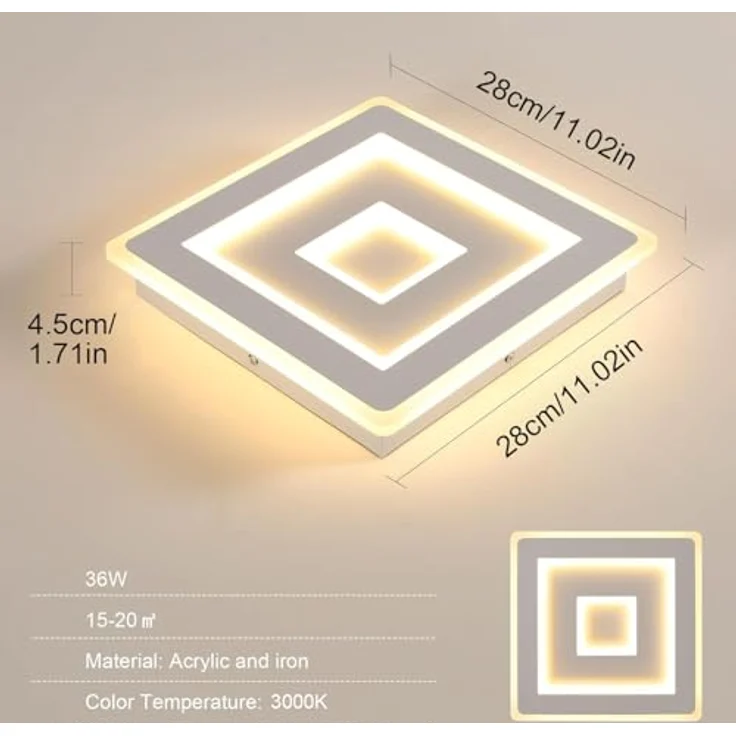 Comely LED Deckenleuchte Quadrat, 28cm 36W Moderne Deckenlampe Quadratisch Weiß LED Deckenbeleuchtung für Schlafzimmer, Wohnzimmer, Flur, Warmes Licht 3000K – Bild 5