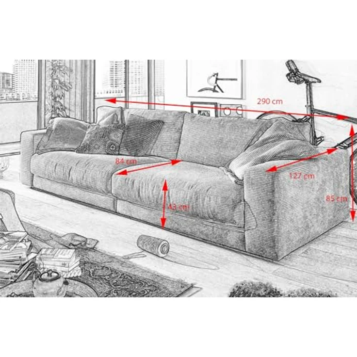 Kawola 3-Sitzer Sofa Madeline, Grün, Textil, Komfortschaum, 290x85x127 cm, zeitloser Cord-Stoff – Bild 3