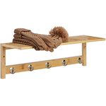 Relaxdays Wandregal mit Hakenleiste, hellbraun, aus Holz und Metall, 62x18x16 cm, ideal als Garderobe oder Handtuchhalter