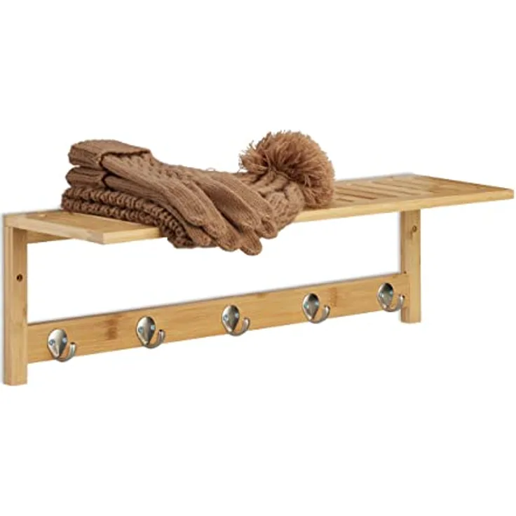 Relaxdays Wandregal mit Hakenleiste, hellbraun, aus Holz und Metall, 62x18x16 cm, ideal als Garderobe oder Handtuchhalter