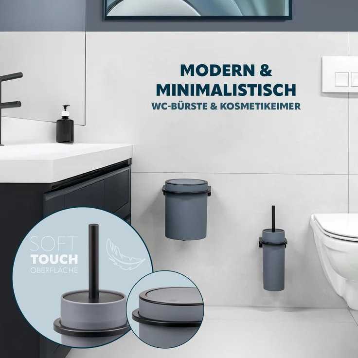 2tlg. Bad-Set SAVONA Softtouch inkl. Wandhalterung, Kosmetikeimer 5,5 Liter und WC-Garnitur, rund - grau – Bild 2