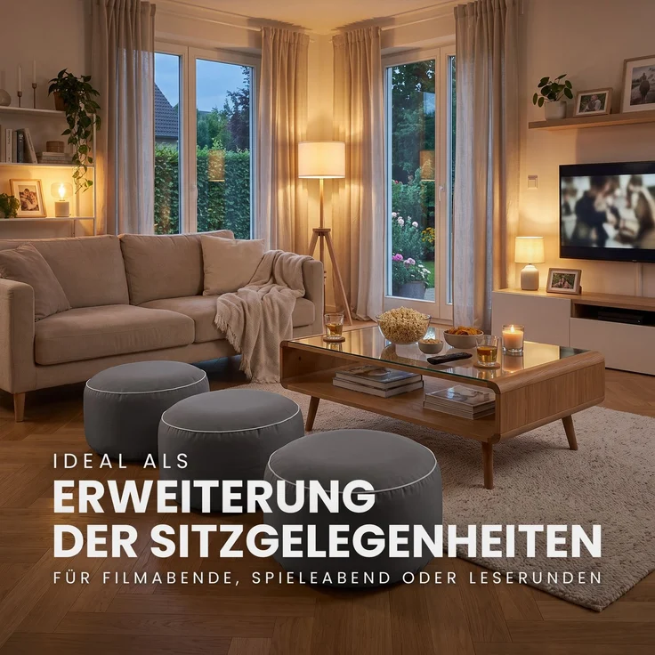 Sitzpouf - Indoor/Outdoor - Sitzkissen Ø54 cm x 26 cm - wasserabweisend ( Lotusblüteneffekt ) - Platzsparend / Innovativ - Innenkissen aufblasbar - Belastbar bis 100kg Anthrazit – Bild 3