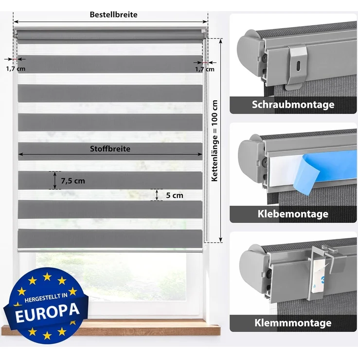 Doppelrollo 30 x 130 cm, dunkelgrau [Stoffbreite 26,6 cm], jalousiescout, blickdicht, mit Bohren/ohne Bohren, freihängend, Klemmen, Kleben und Schrauben OHNE Aufpreis, Lichtdurchlässig, Klemmträger, Feuchtraumgeeignet – Bild 2