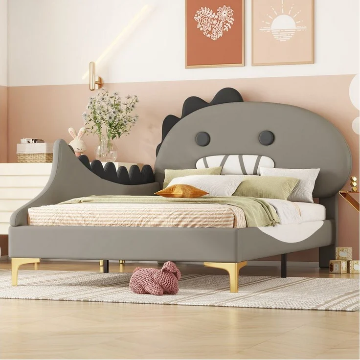 Flieks Polsterbett, Kinderbett 90x200cm mit Cartoon Dinosaurier Form Kopfteil Kunstleder – Bild 1