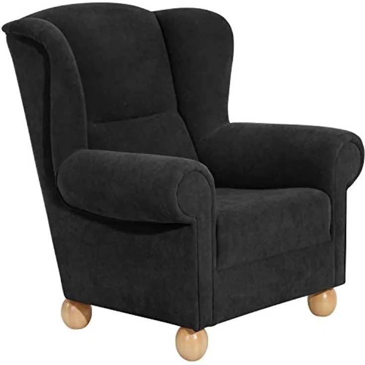 Monarch Ohrenbackensessel Veloursstoff Schwarz Buche Natur