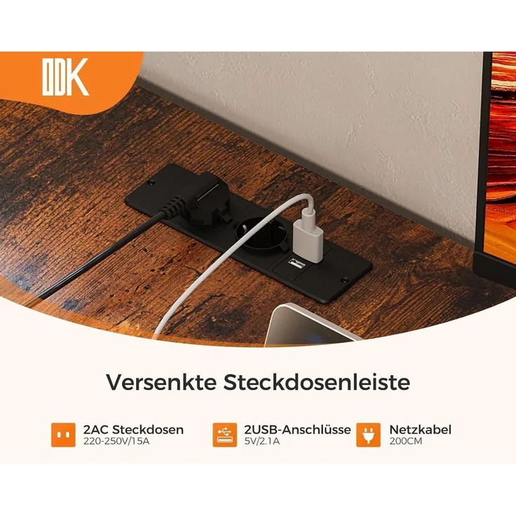ODK Eckschreibtisch L Form Vintage-Braun 155x110 cm, Schubladen, Steckdosen, USB – Bild 4