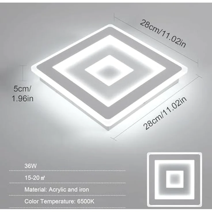 Comely LED Deckenleuchte Quadrat, 28cm 36W Moderne Deckenlampe Quadratisch Weiß LED Deckenbeleuchtung für Schlafzimmer, Wohnzimmer, Flur, Kaltweißes Licht 6500K – Bild 5