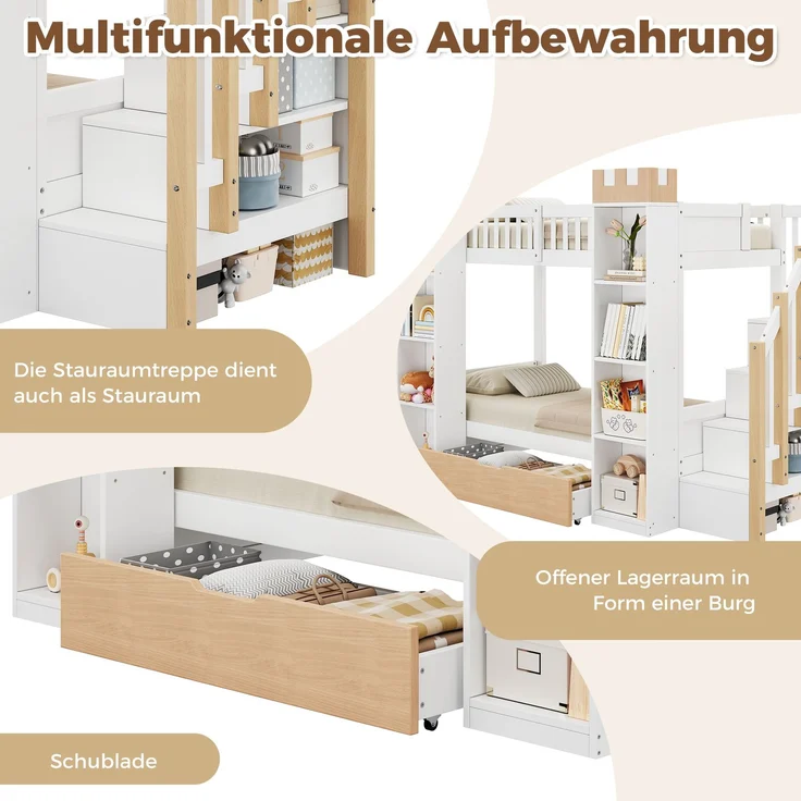 Etagenbett mit 2 Liegeflächen à 90×200 cm, Rausfallschutz und Stauraumtreppe, Weiß, ohne Matratzen – Bild 6