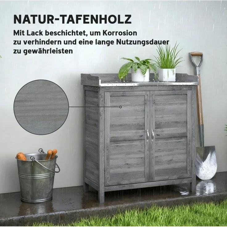 Gartenschrank mit Pflanztisch, 92 cm hoch, aus Fichtenholz mit verzinkter Arbeitsplatte, grau – Bild 5