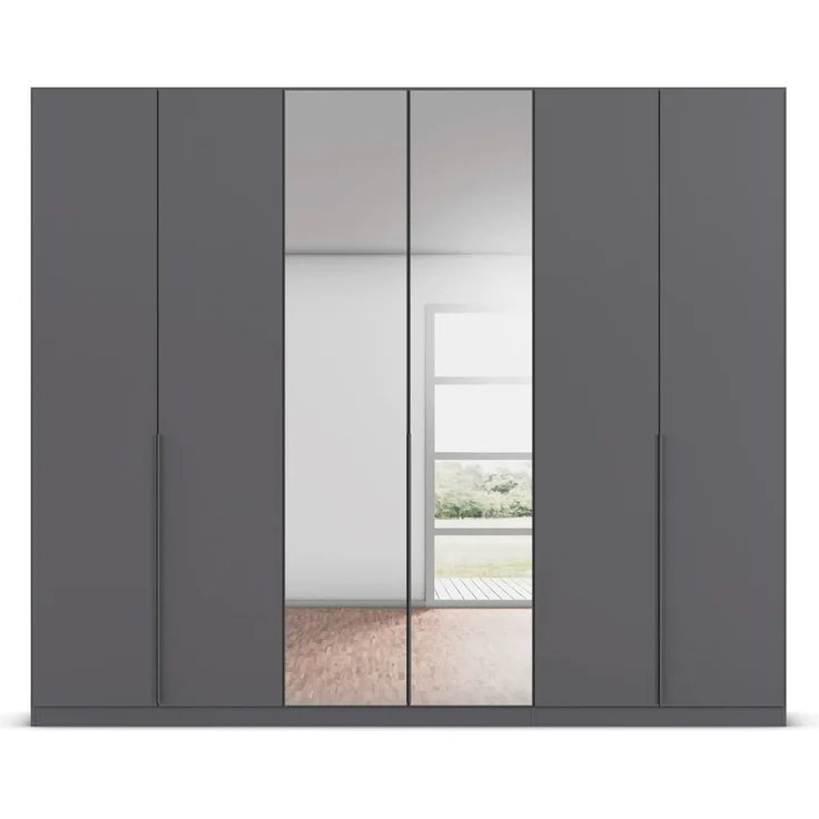 Rauch Möbel Alabama, Kleiderschrank, Garderobenschrank, 6-türig, Spiegel, Zubehör Classic, 3 Kleiderstangen, 6 Einlegeböden, Farbe Grau metallic, Schwarz, Griff Grau metallic, 271 x 210 x 54 cm – Bild 6