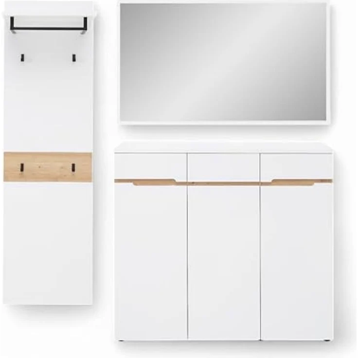 Stella Trading Memphis Flurgarderoben Set in Weiß, Artisan Eiche Optik - Modernes Garderobenset 3-teilig für Ihren Eingangsbereich - 181 x 190 x 38 cm (B/H/T) – Bild 1